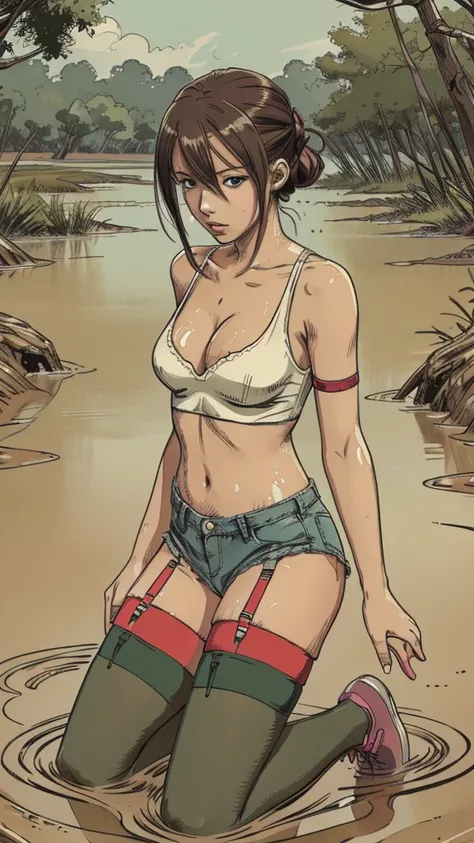 vector image, anime, junior girl, gloomy orgasm, sneakers and crop-top and denim shorts and (nylon stockings with garters), drowning in quicksand bog, green,red, provocative pose,