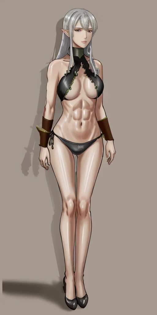 (Selvaria Bles (Valkyria Chronicles) LoRA) ((1girl)) full body, standing, grey skin, drow, elf, mature, detailed happy face, purple eyes, white hair, black bikini, abs, big knockers, golden chain collar, stomach tattoo (red tattoo)