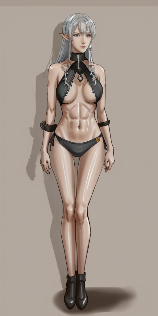 (Selvaria Bles (Valkyria Chronicles) LoRA) ((1girl)) full body, standing, grey skin, drow, elf, mature, detailed happy face, purple eyes, white hair, black bikini, abs, big knockers, golden chain collar, stomach tattoo (red tattoo)