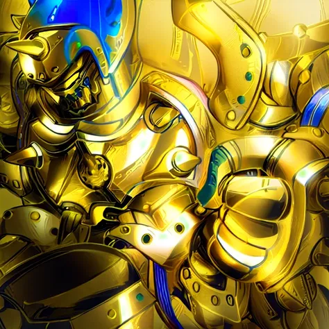 gilded shiny armour, golden armour, heavy golden armour, the golden humanoid robot, heavy gold armour, anime image of a giant robot with a huge smile on his face, solo