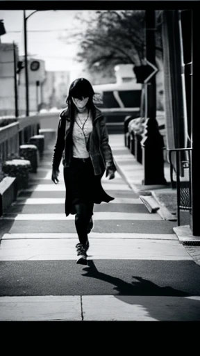 A female zombie is walking、Monochrome