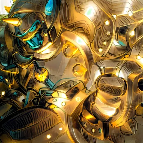 gilded shiny armour, golden armour, heavy golden armour, the golden humanoid robot, heavy gold armour, anime image of a giant robot with a huge smile on his face, solo