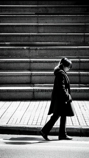 A woman is walking、Monochrome