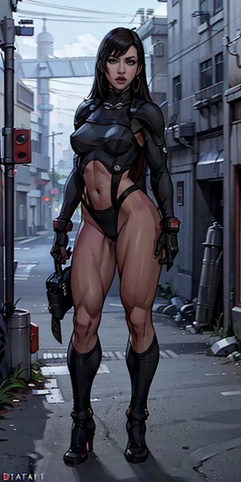 8k, best quality, masterpiece:1.2) (realistic, photo-realistic:1.37) (full body) 1female solo girl, standing, legs apart (wide stance) standing contrapposto, ultra-detailed, cute (Tifa Lockhart) Final Fantasy VII, gantz suit