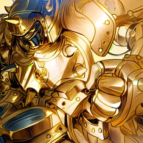 gilded shiny armour, golden armour, heavy golden armour, the golden humanoid robot, heavy gold armour, anime image of a giant robot with a huge smile on his face, solo