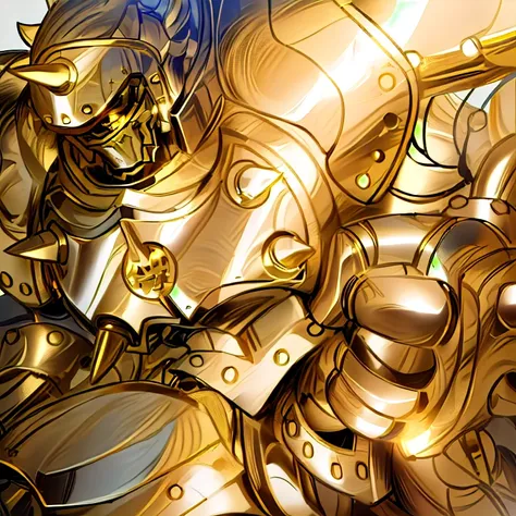 gilded shiny armour, golden armour, heavy golden armour, the golden humanoid robot, heavy gold armour, anime image of a giant ro...