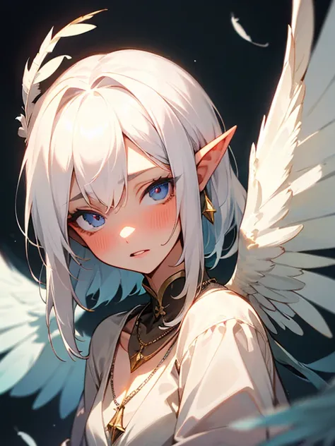 Masterpiece, best quality, expressive eyes, perfect face, 1girl, solo, wings, feathers, monster girl, harpy, winged arms, blush, pointy ears, white hair, feathered wings,necklace, 