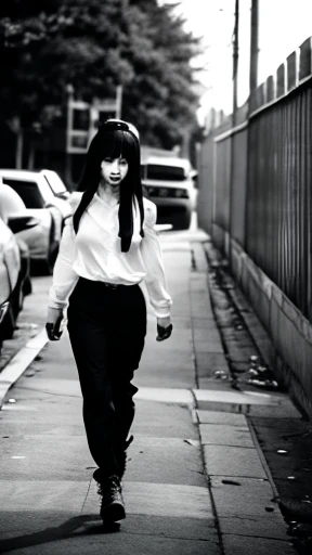 A female zombie is walking、Monochrome