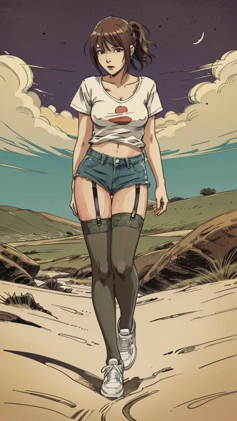 vector image, anime, girl, gloomy orgasm, sneakers and t-shirt and denim shorts and (nylon stockings with garters), near quicksand bog, green,red, provocative horny pose, full body