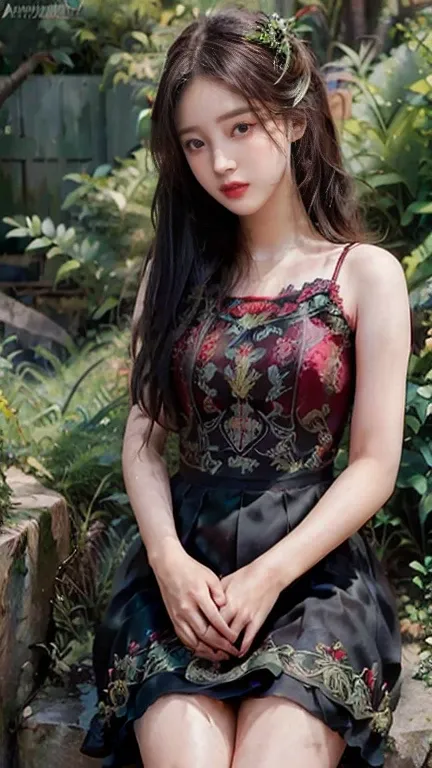 (Masterpiece:1.4), CG Unity 8k walpaper, ((Realistic: 1.2)), Ray Tracing, k, Beautiful 22 years girl, Asian realistic girl, Ultra Realistic, ultra HD, 1 girl, black hair, long hair, ponytail, standing, abandoned in a forest, Green Plants, Rain forest, soft...