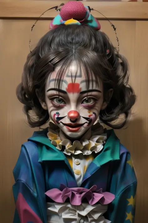 ｛ (masterpiece: 1.2, highest quality), Tan Skin、 Doll-like face, Manga style, rough sketch,｝、Unique atmosphere、clown,（Cute face）、((clownの衣装:1.3))、Japanese painting,whole body,Creepy Appearance, Characteristic hairstyle, kimono、
