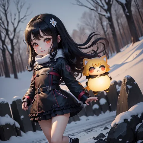 masterpiece、top-quality、ultra-detailliert、(Chibi Chara:1.27),On the way sakura gadan, The black long hair sways in the wind,glen plaid miniskirt,high socks,Trench coat for the winter,fairy tale snow forest,a cute smile,big eyes,running happily