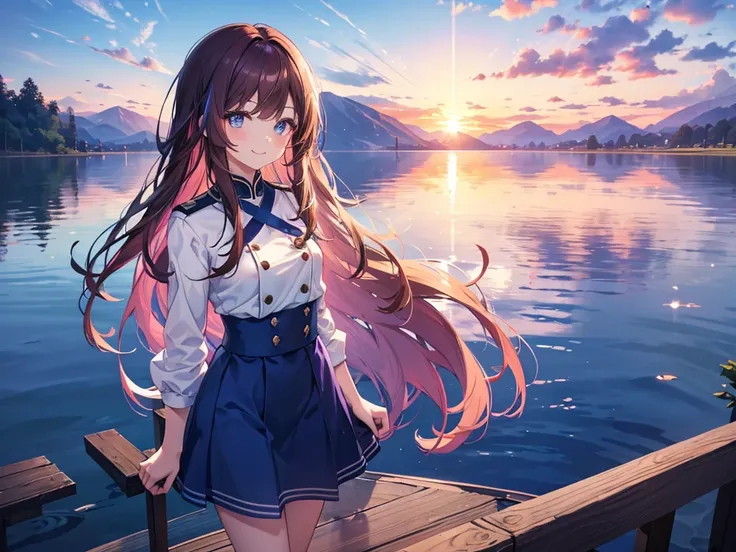 Blue Uniform, Bright Blue Eyes, fine grain、purple, Brown Hair、Multicolored Hair、Inner Color、Side Tail、 thin、Straight bangs、1 girl、smile、Beautiful sunset、8K background、Medium Chest、whole body、Woman Standing On The Surface of the Lake、Show your side