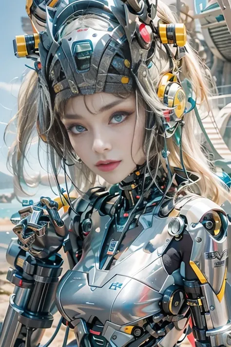 optical reality，hips up,Young woman in a futuristic cybernetic bikini，metallicrobot cyberMachinery,Battlefield backdrop