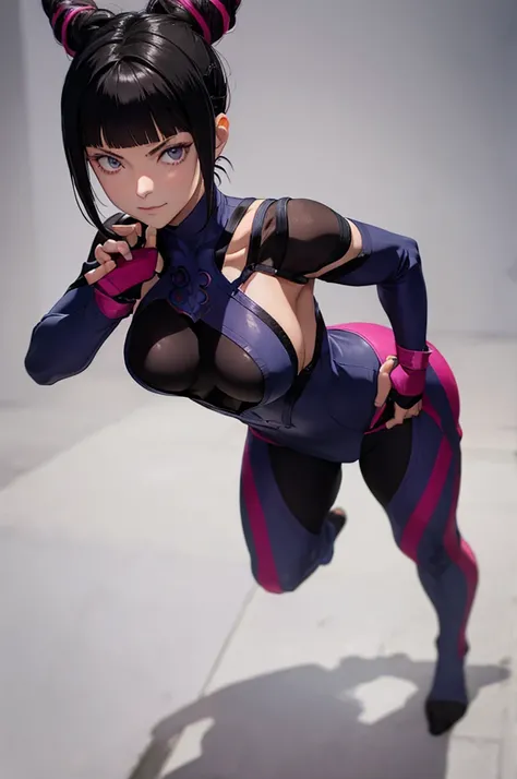 melhor qualidade,roupa azul,juri han,solo, masterpiece, best quality, agrias, grey sweater, black leotard, standing, looking at viewer, short hair,oculos,evil smile, evil look,luvas preta,roupa azul,yandere rosto,low lighting,coxa sarada copo detalhado,olh...