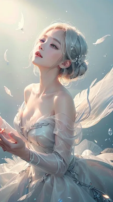 White Background、Professional Lighting、(((Professional Lighting 1.5)))、Translucent skin texture、Clear Skin、Beautiful Skin、、Off the shoulder、White Dress、See-through、Feathers are fluttering、Ecstasy of Musical Notes、