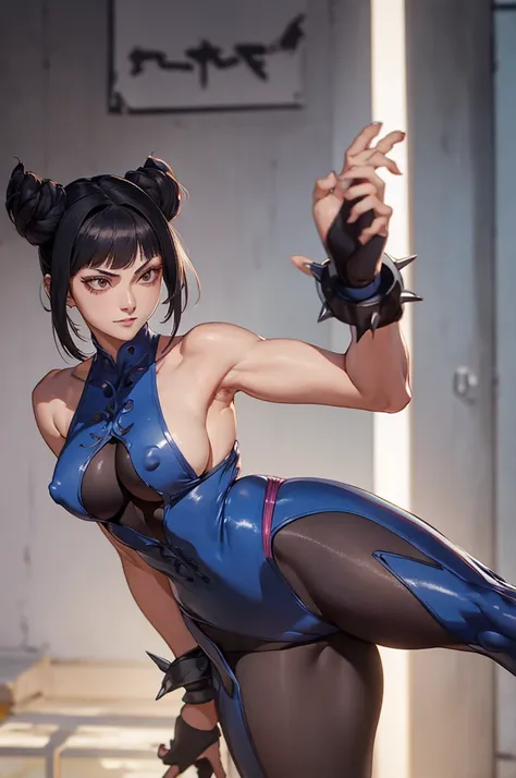 melhor qualidade,roupa azul,juri han,solo, masterpiece, best quality, agrias, grey sweater, black leotard, standing, looking at viewer, short hair,oculos,evil smile, evil look,luvas preta,roupa azul,yandere rosto,low lighting,coxa sarada copo detalhado,olh...