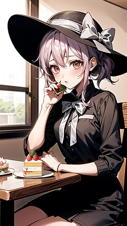 anime girl with a hat and strawberries on her head sitting at a table, kawacy, anime visual of a cute girl, cute anime girl, eat...