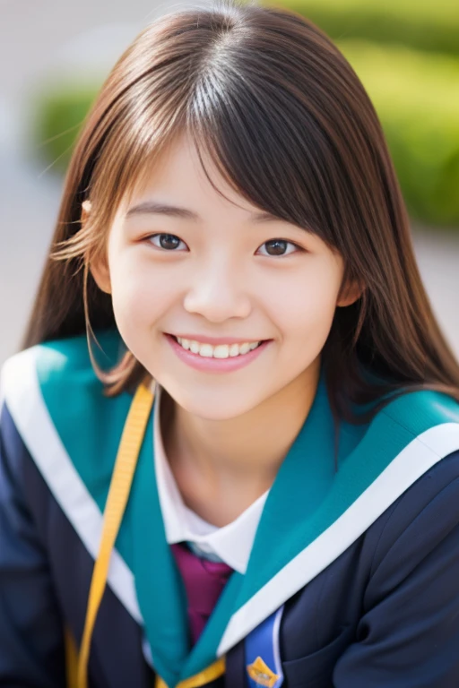 独特な配色をした制服を着用した女子高生