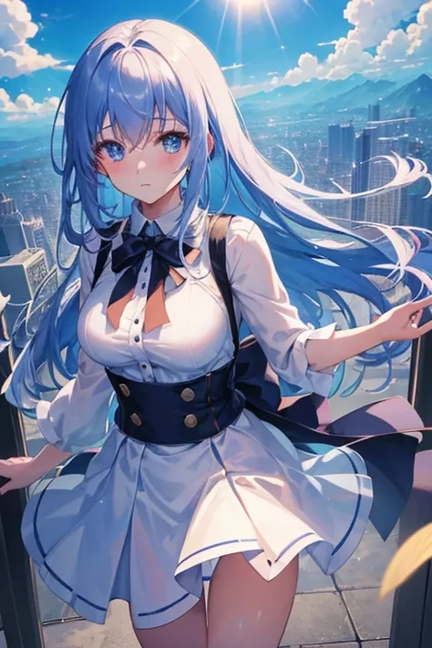 absurderes, hight resolution, (Anime style:1.1), ((masutepiece)), ((Best Quality)), (Ultra-detailed), (Beautiful), solo, Beautiful face、(liftup)、Cute  looking at the view from the top of a skyscraper that is closer to the atmosphere,Wind,Thin White colorfu...