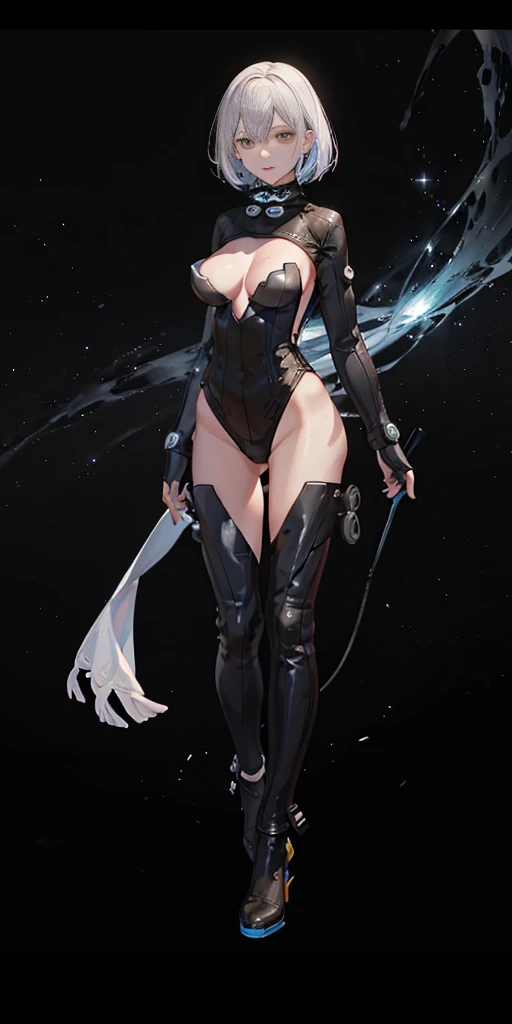 female adventurer white silver short bob hair cut, full body, game art style, (masterpiece), colorful clothing, scarves, leather belts, half skirt over pants and boots, flowing blouse and leather corset, best quality, highres, 4k, 8k, Detailed Illustration...