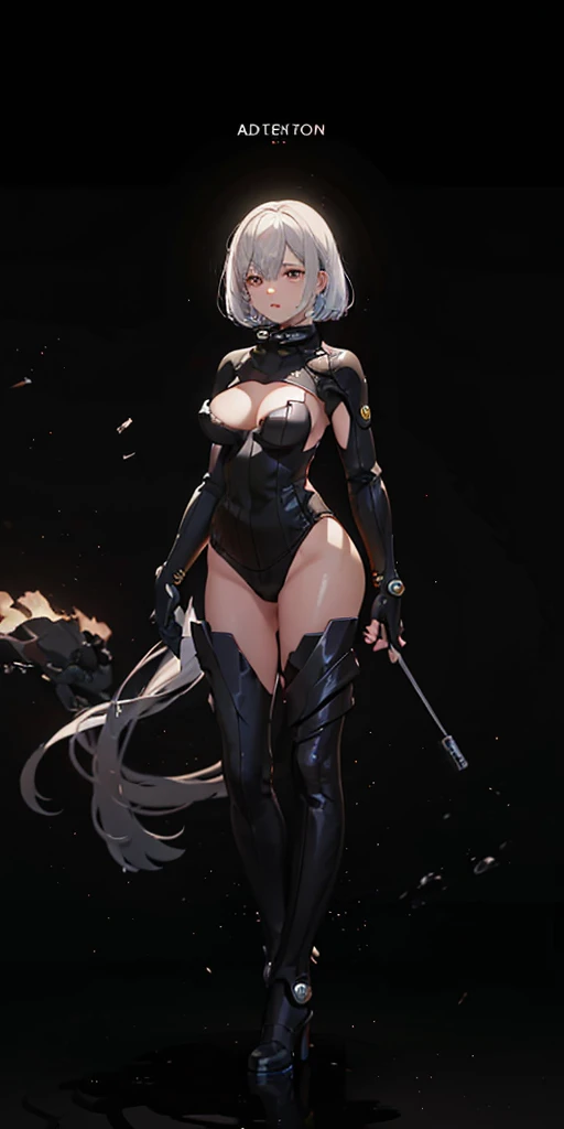 female adventurer white silver short bob hair cut, full body, game art style, (masterpiece), colorful clothing, scarves, leather belts, half skirt over pants and boots, flowing blouse and leather corset, best quality, highres, 4k, 8k, Detailed Illustration...