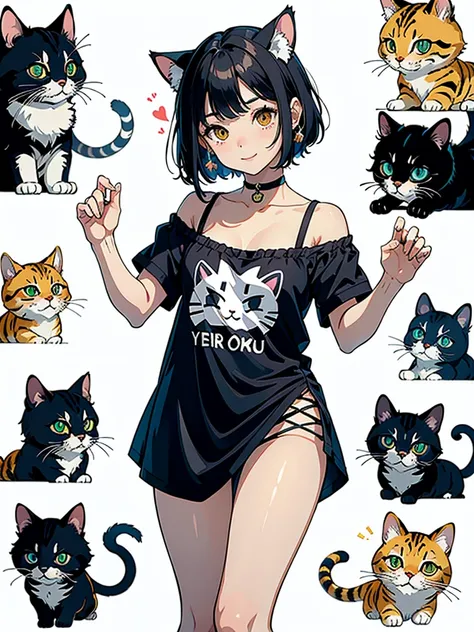 (highest quality, masterpiece, High resolution)、(anime art)、,cinematic light、soft light、(1girl)、black hair、(Tabby cat costume)、(Striped cat costume)、(Persian cat costume)、(Three-color cat costume)、(loose t-shirt)、(Loose shirt)、off shoulder、Sexy mini dress、...