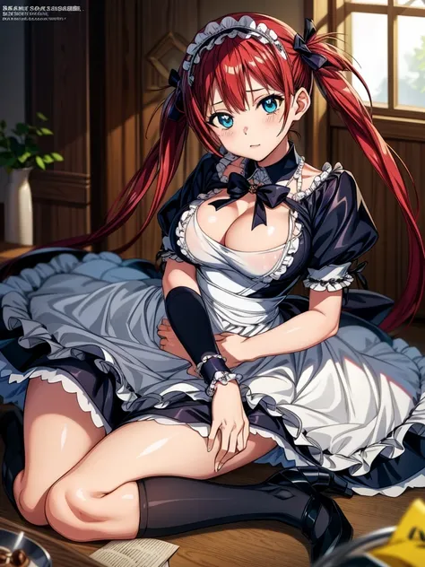 Tabletop, highest quality, Airlive 4,  Thighs Thighs Thighs, black Thighs Thighs Thighs, apron, zettai ryouiki, Maid, Maidの頭飾り, Cleavage, Wrist cuff,(Masturbation:1.8),One girl,Browsing Caution,(Spanning the viewer:1.4)