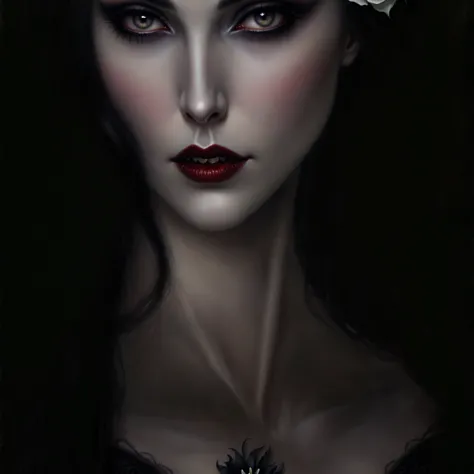 a close up of a woman with a white flower in her hair, vampire portrait, portrait of beautiful vampire, cute face. dark fantasy, portrait of a lady vampire, portrait of a vampire, dark fantasy portrait, beautiful female vampire, beautiful vampire queen, be...