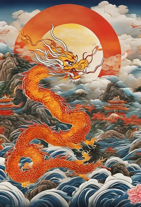 (masterpiece, best quality: 1.2)针织mountain水画，river，mountain，sun，chinese dragon in the clouds