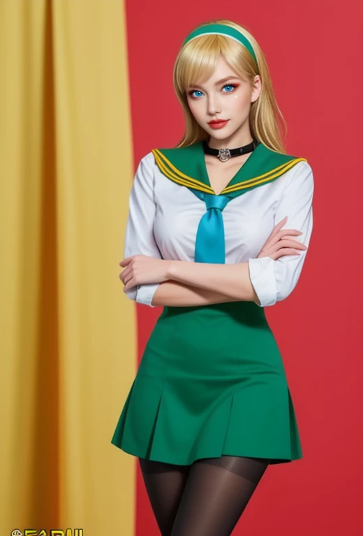 score_9, score_8_up, score_7_up, source_anime, 1girl, SatokoSchool, blonde hair, red eyes, hairband, sailor collar, yellow necktie, green dress, black pantyhose, 32k photography, highly detailed, photorealistic, 