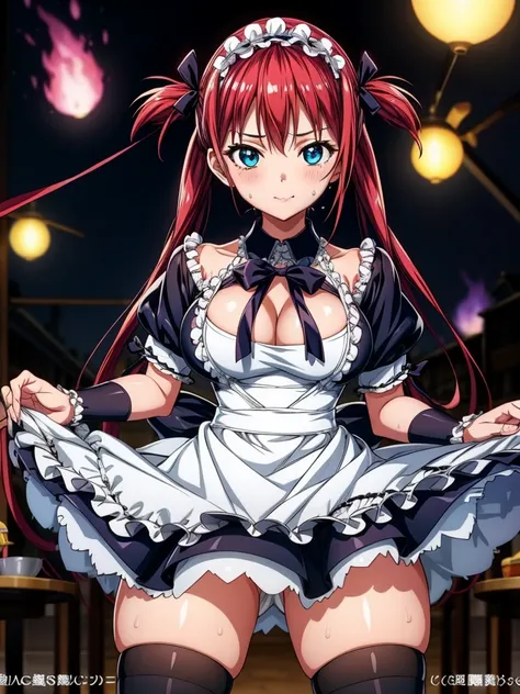 Tabletop, highest quality, Airlive 4,  Thighs Thighs Thighs, black Thighs Thighs Thighs, apron, zettai ryouiki, Maid, Maidの頭飾り, Cleavage, Wrist cuff,One girl,,(Spanning the viewer:1.4),Sweaty