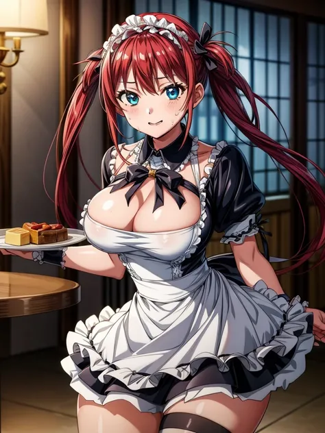 Tabletop, highest quality, Airlive 4,  Thighs Thighs Thighs, black Thighs Thighs Thighs, apron, zettai ryouiki, Maid, Maidの頭飾り, Cleavage, Wrist cuff,One girl,,(Spanning the viewer:1.4),Sweaty