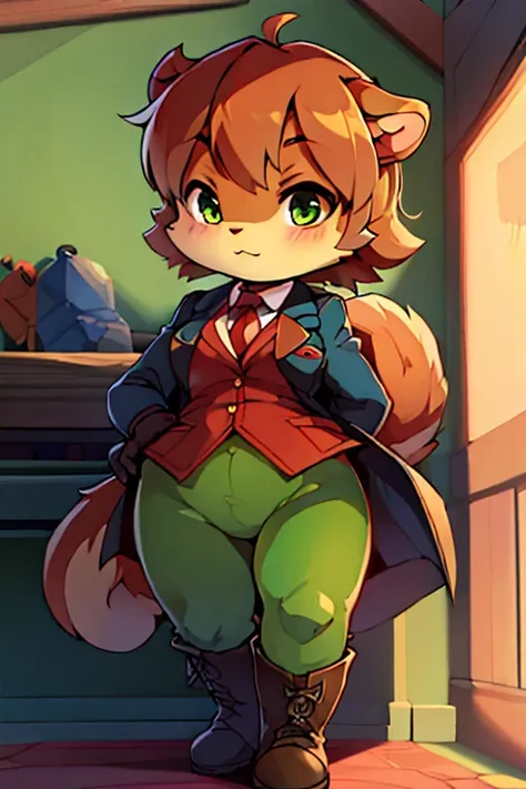 boy, squirrel, furry, bodyfur, blazer, bottomless, green tights, gloves, boots, hero, kindergarten