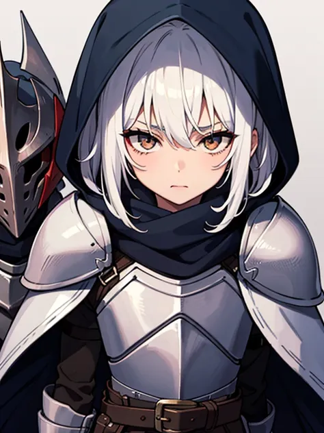 Masterpiece, best quality, expressive eyes, perfect face, 1boy, mask, white eyes, white hair, mask covering face, scarf, hood, knight armor, shoulder armor, knight gloves, belt, cape