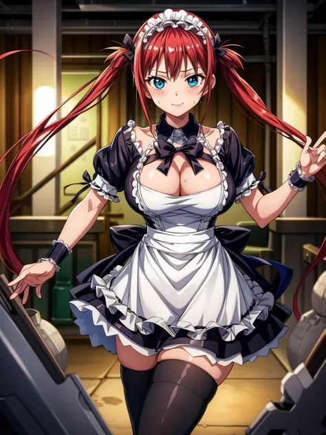 Tabletop, highest quality, Airlive 4,  Thighs Thighs Thighs, black Thighs Thighs Thighs, apron, zettai ryouiki, Maid, Maidの頭飾り, Cleavage, Wrist cuff,One girl,,(Spanning the viewer:1.4),Sweaty,Dark basement