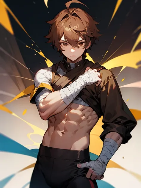 Masterpiece, best quality, expressive eyes, perfect face, 1boy, male focus, brown hair, ahoge, brown eyes, abs, brown sleeve, bandages, leggings, 