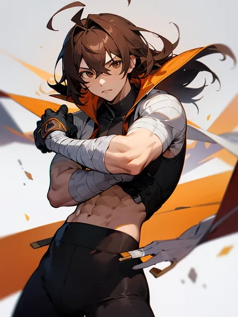 Masterpiece, best quality, expressive eyes, perfect face, 1boy, male focus, brown hair, ahoge, brown eyes, abs, brown sleeve, bandages, leggings, 