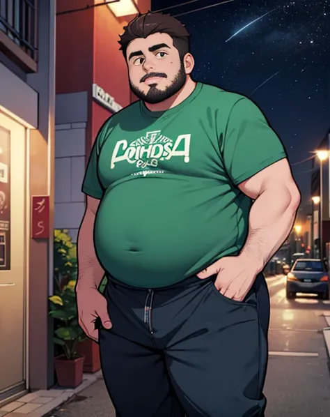 1 chubby man with extremely thick thighs , Careca, obeso, homem de meia idade, camisa branca aberta mostrando a barriga e peitoral usando apenas sunga vermelha e meias, parado na rua, looking at the sky, noite, dim street lamp, talking to the viewer gestur...