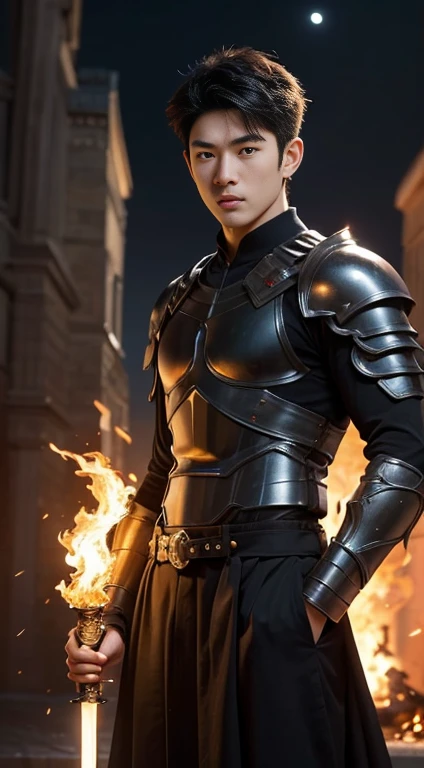 A asian boy like Cat Noir,19 years old, handsome, Full Body Shoot, Short Quiff hairstyle, (eyes contact), look at camera, detailed facial parts, Manly, with a muscular constitution :: high detail, is in battle armor, flaming blue sword of golden pearls, a ...