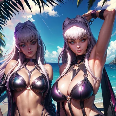 K/DA Evelyn, bem detalhado, Bikini, na praia, mostrando o corpo todo, deitada, bastante sensual, durante o por do sol, sorridente.