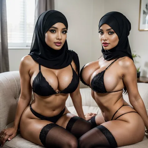 In the intimate settings of empty office room, two sexually attractive hourglass figure depraved (hijabi) (Muslim) MILF sit side by side on a plush chair, radiating lust and sexual desirer. They share the same height and body proportions, creating a visual...