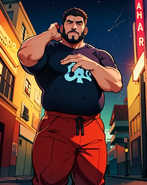 1 chubby man with extremely thick thighs , Careca, obeso, homem de meia idade, camisa branca aberta mostrando a barriga e peitoral usando apenas sunga vermelha e meias, parado na rua, looking at the sky, noite em uma cidade cyberpunk , dim street lamp, tal...