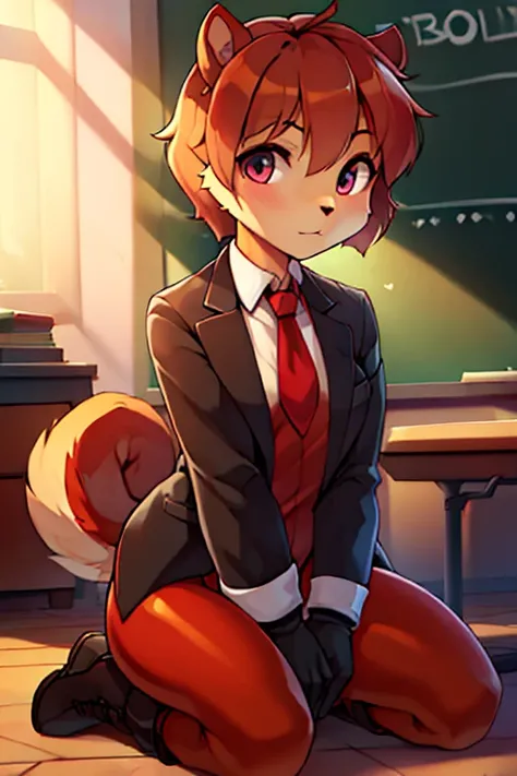 boy, squirrel, furry, bodyfur, blazer, bottomless, color tights, gloves, boots, kneeling, school