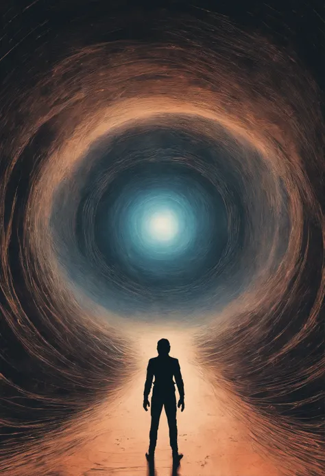 arafed image of a person standing in a dark tunnel with a star in the background, a surrealist painting inspired by Zdzisław Beksiński, tumblr, surrealism, standing in a maelstrom, interstellar infinity portal, majestic interstellar portal, luminous black ...