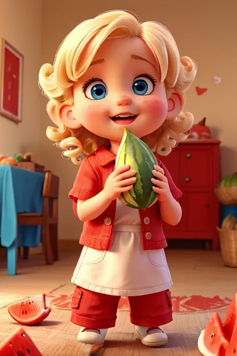 1 year old blonde baby with short curls and blue eyes eating watermelon and red clothes