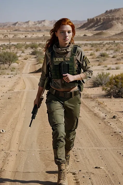 Very Beautiful red-haired woman, lean, using an israel army costums,  running in a desert, carrying a rifle behind terrorists