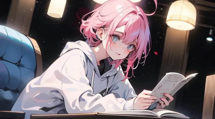 A woman with pink middle-aged hair and blue eyes studying with white headphones　Night time wearing a grey sweatshirt