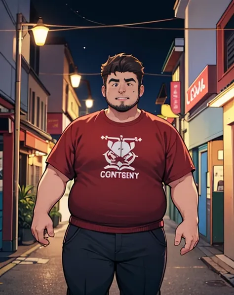 1 chubby man with extremely thick thighs , Careca, obeso, homem de meia idade, camisa branca aberta mostrando a barriga e peitoral usando apenas sunga vermelha e meias, parado na rua, looking at the sky, noite em uma cidade cyberpunk , dim street lamp, tal...