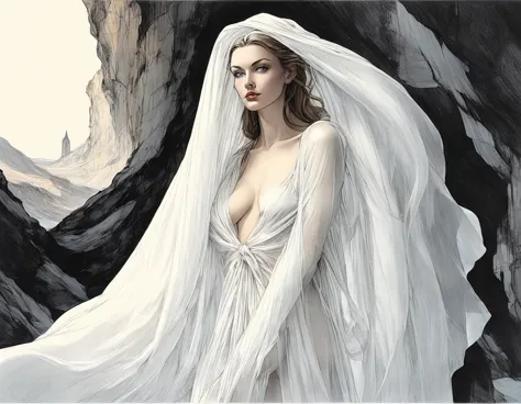 in the style of helmut newton, a nun's virtue, alluring, provocative, clothed in ethereal white chiffon draping the perfect anat...